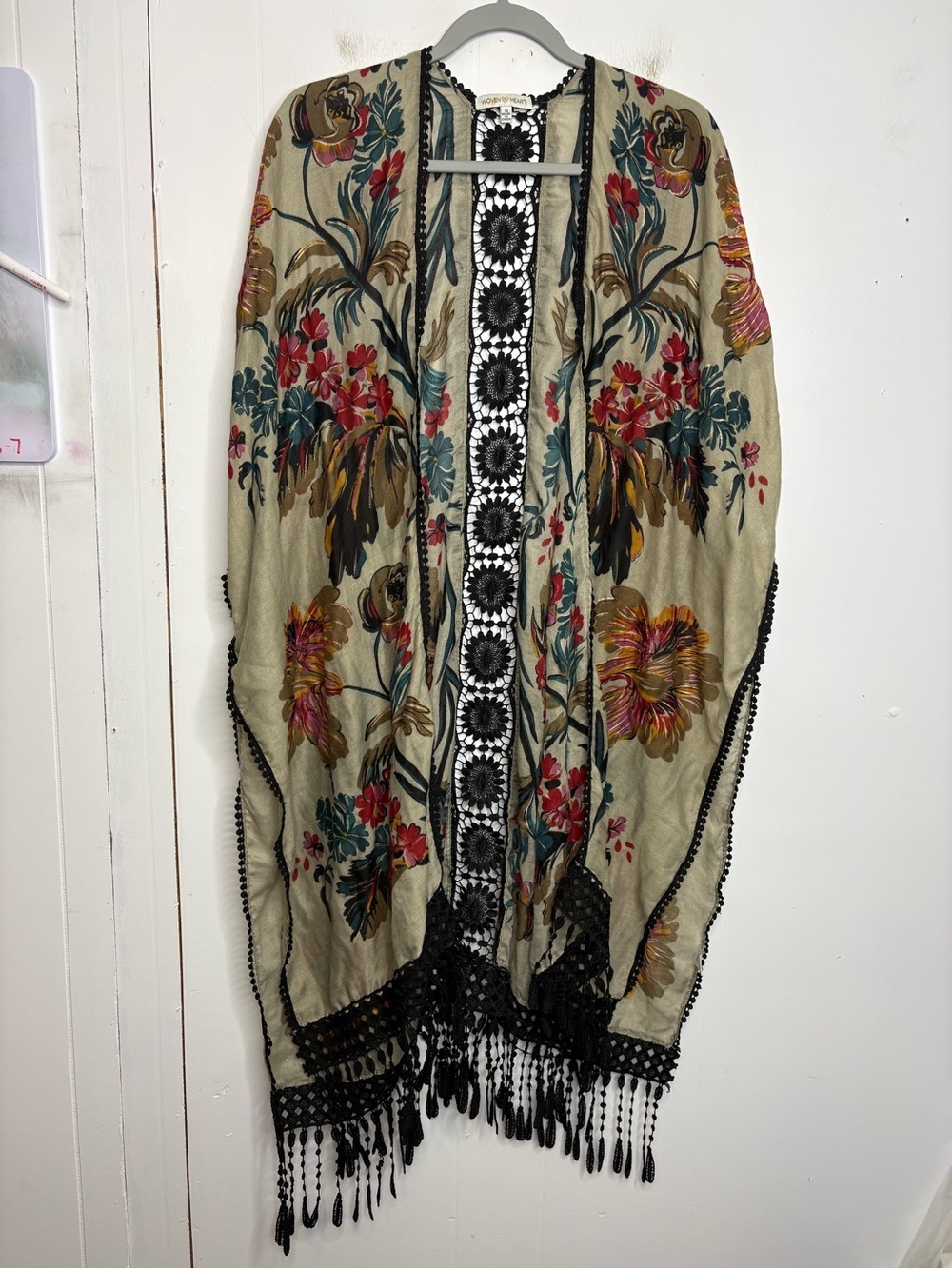 Woven Heart Top Womens Small Oversized Kimono Boho Crochet Fringe Earthy Hippie